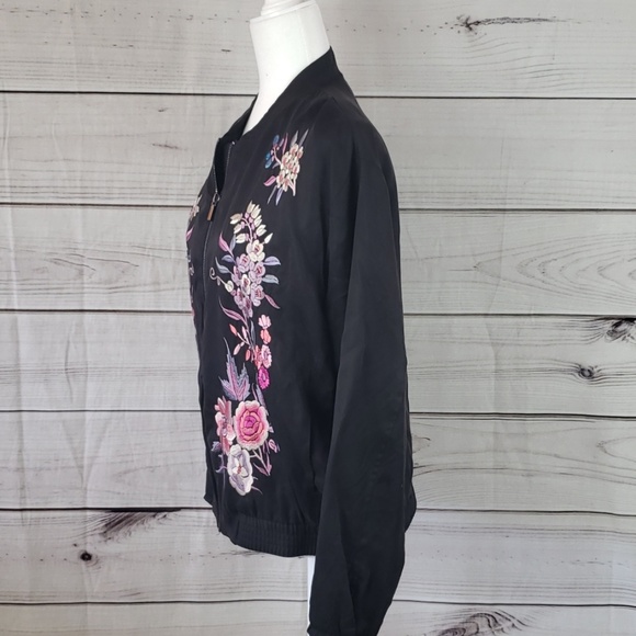 a. moss• L jacket bomber embroidered floral zip up black - Picture 2 of 7